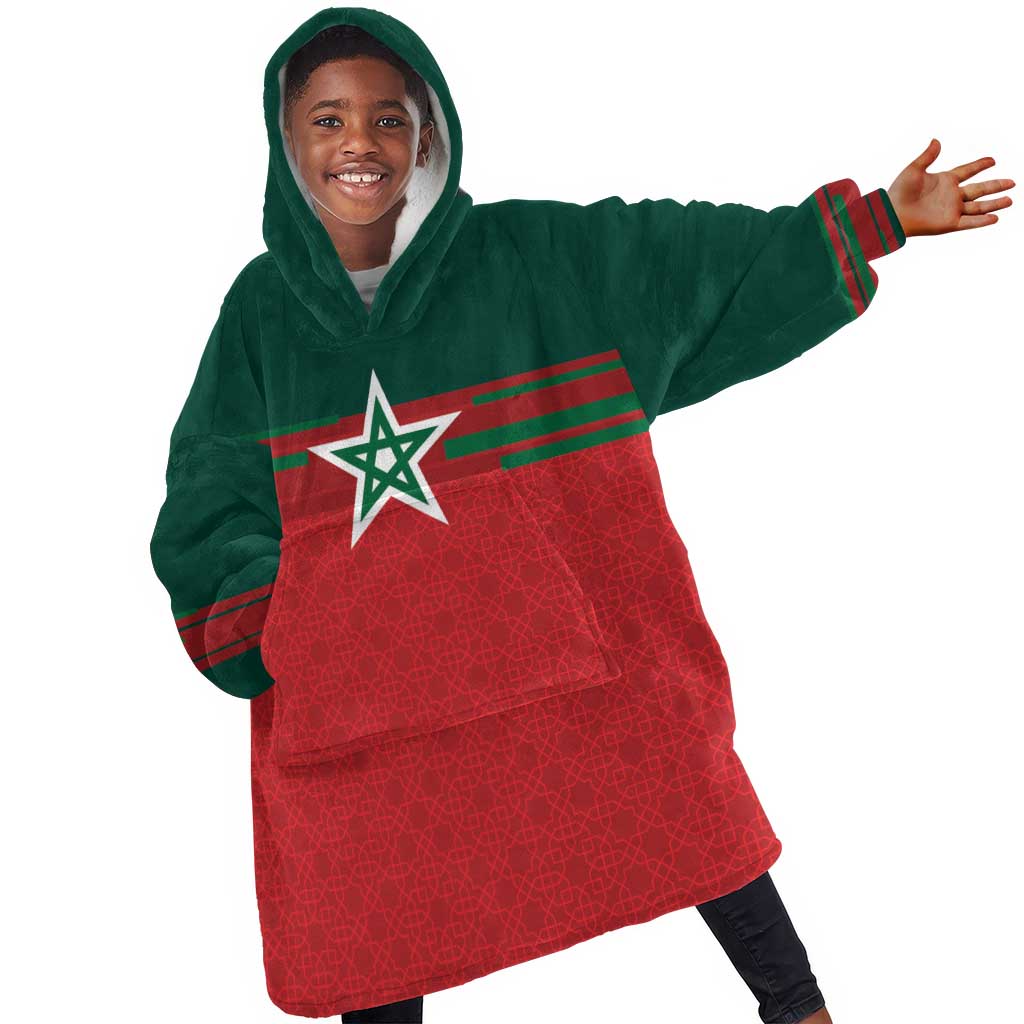 World Football 2026 Morocco Custom Kid Wearable Blanket Hoodie African Geometric Red Pattern - Wonder Print Shop