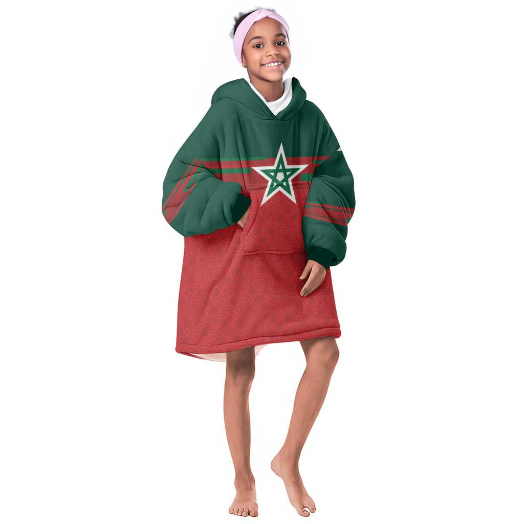 World Football 2026 Morocco Custom Kid Wearable Blanket Hoodie African Geometric Red Pattern - Wonder Print Shop