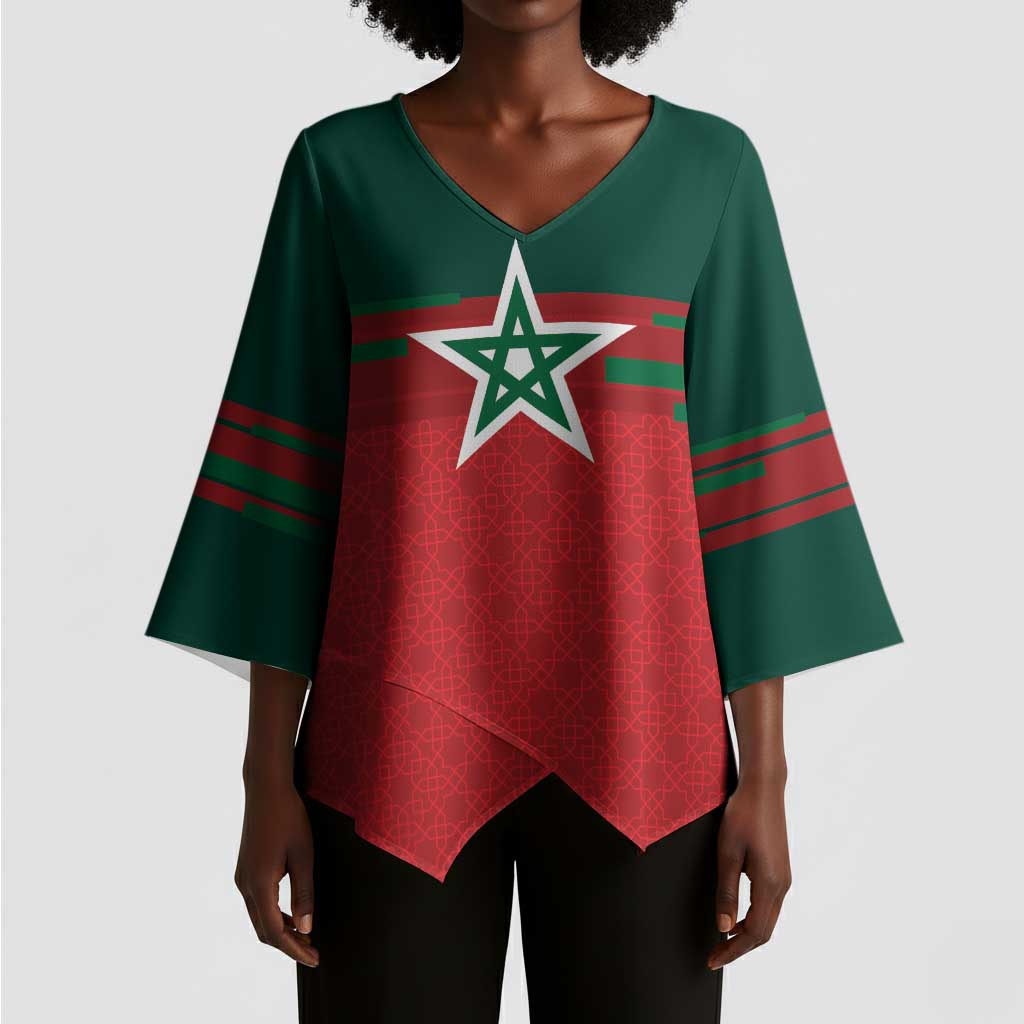 World Football 2026 Morocco Custom Kimono Sleeve Blouse African Geometric Red Pattern - Wonder Print Shop