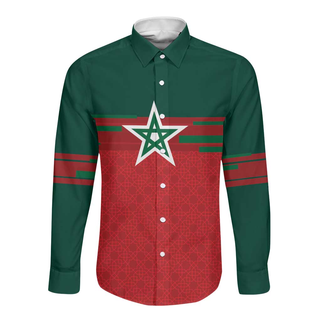 World Football 2026 Morocco Custom Long Sleeve Button Shirt African Geometric Red Pattern - Wonder Print Shop
