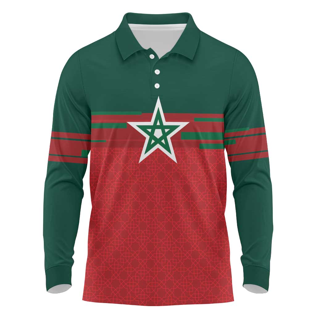 World Football 2026 Morocco Custom Long Sleeve Polo Shirt African Geometric Red Pattern - Wonder Print Shop