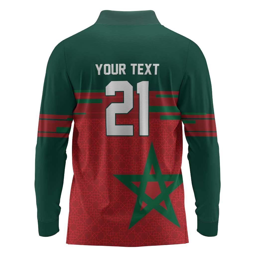 World Football 2026 Morocco Custom Long Sleeve Polo Shirt African Geometric Red Pattern - Wonder Print Shop