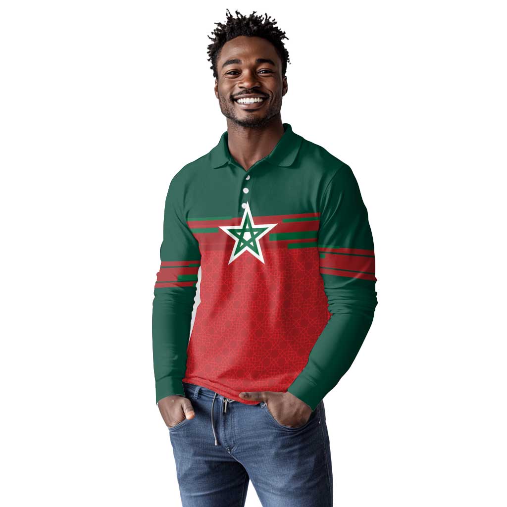 World Football 2026 Morocco Custom Long Sleeve Polo Shirt African Geometric Red Pattern - Wonder Print Shop
