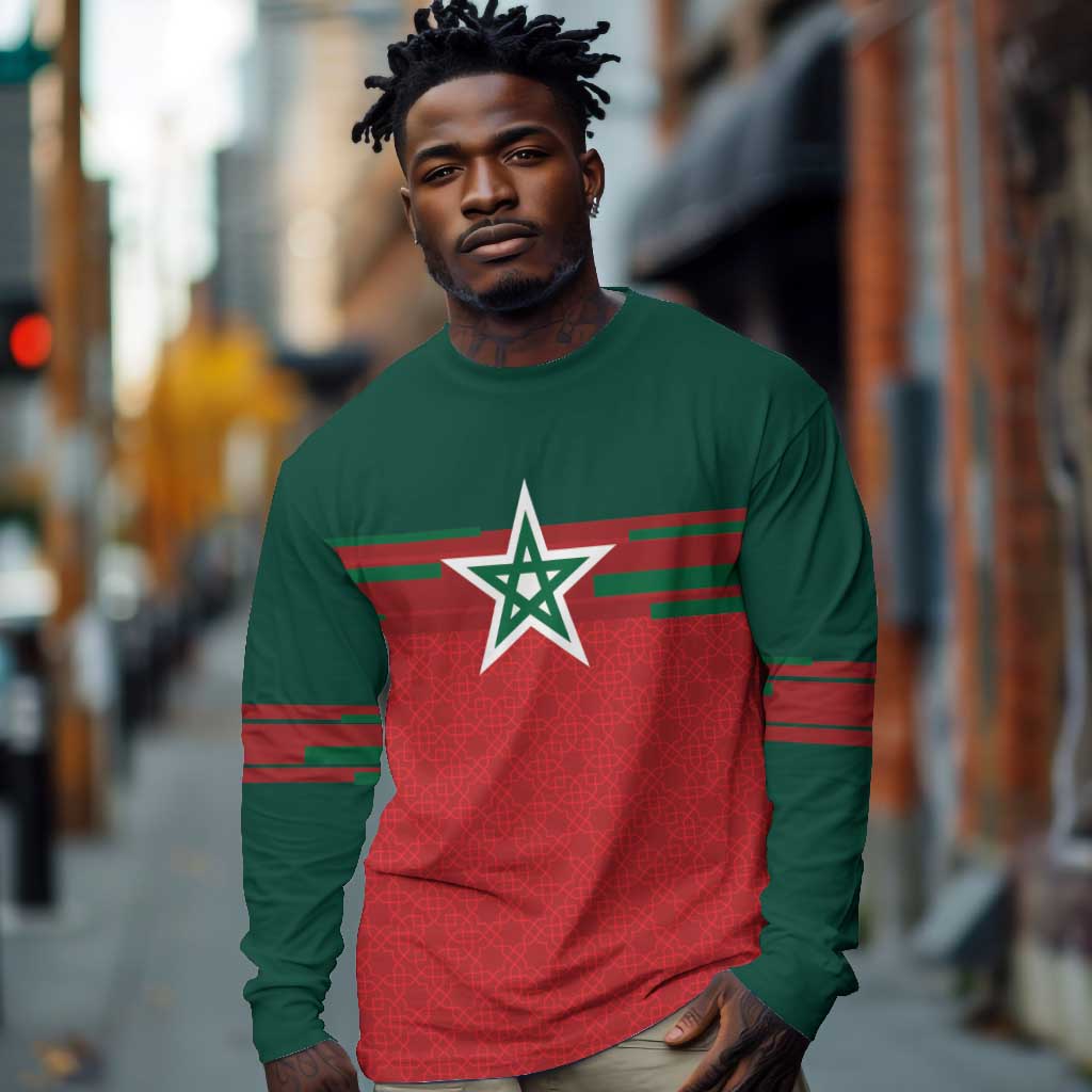 World Football 2026 Morocco Custom Long Sleeve Shirt African Geometric Red Pattern - Wonder Print Shop