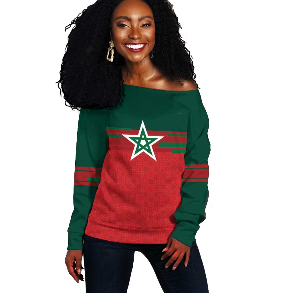 World Football 2026 Morocco Custom Off Shoulder Sweater African Geometric Red Pattern - Wonder Print Shop