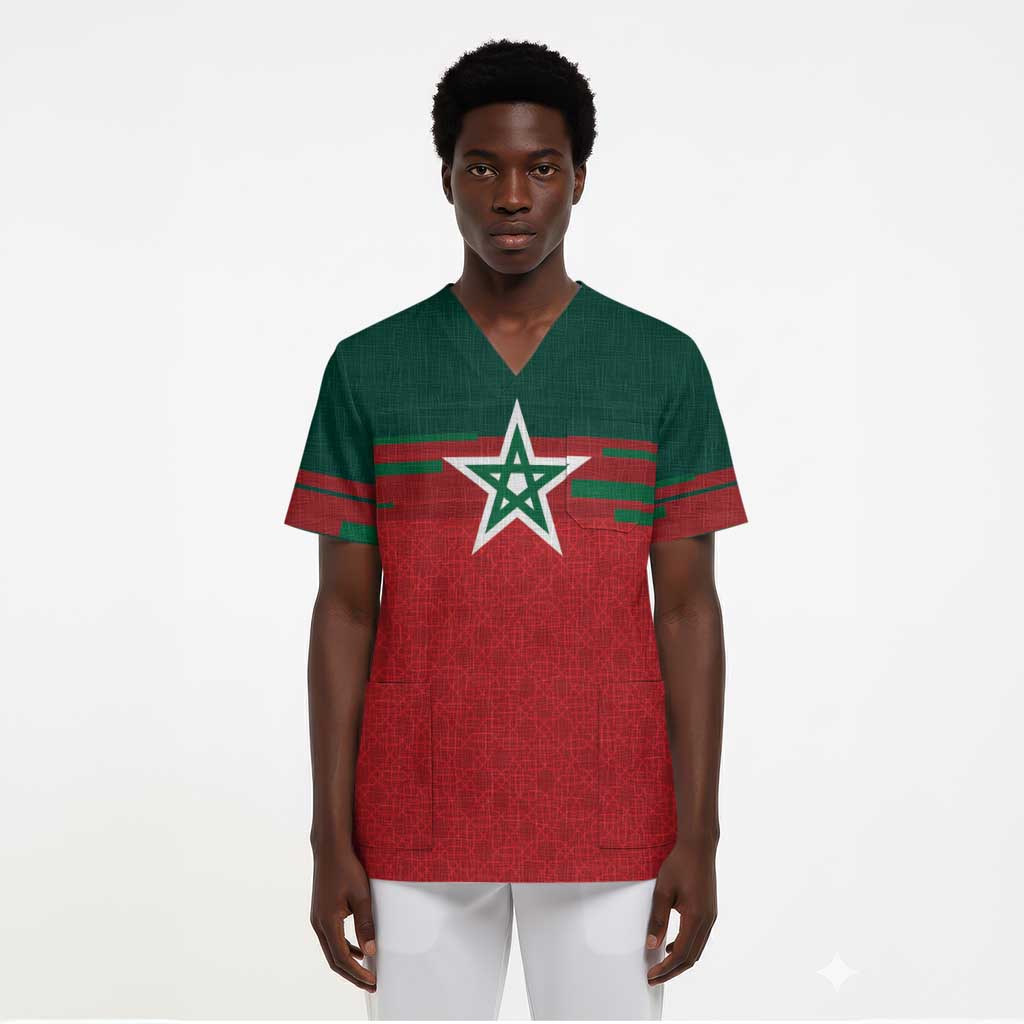 World Football 2026 Morocco Custom Scrub Top African Geometric Red Pattern - Wonder Print Shop