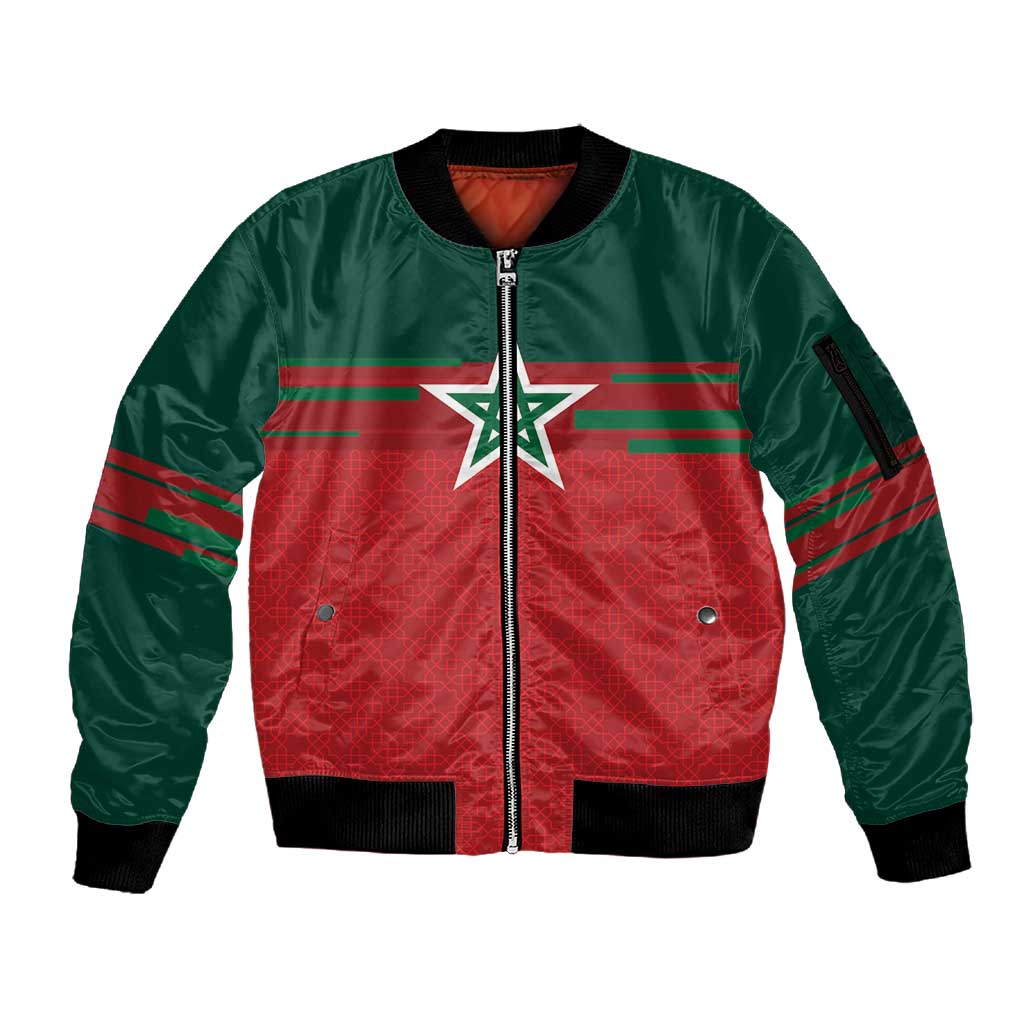 World Football 2026 Morocco Custom Sleeve Zip Bomber Jacket African Geometric Red Pattern - Wonder Print Shop
