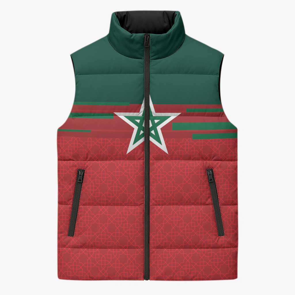 World Football 2026 Morocco Custom Sleeveless Puffer Jacket African Geometric Red Pattern - Wonder Print Shop
