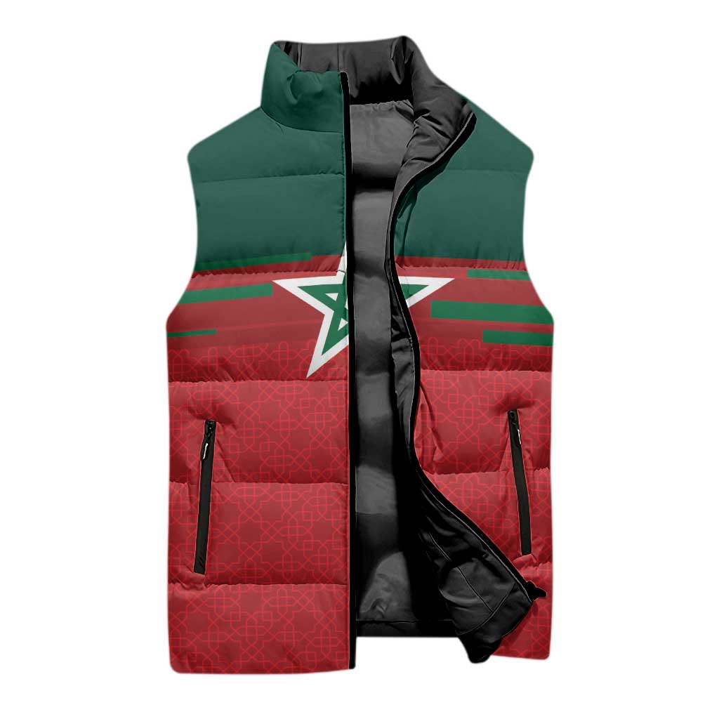 World Football 2026 Morocco Custom Sleeveless Puffer Jacket African Geometric Red Pattern - Wonder Print Shop