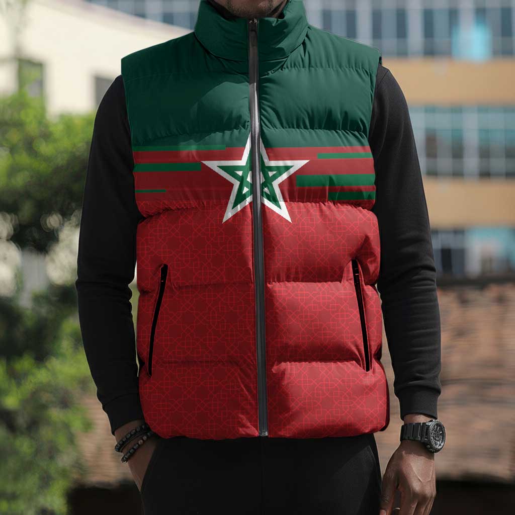 World Football 2026 Morocco Custom Sleeveless Puffer Jacket African Geometric Red Pattern - Wonder Print Shop