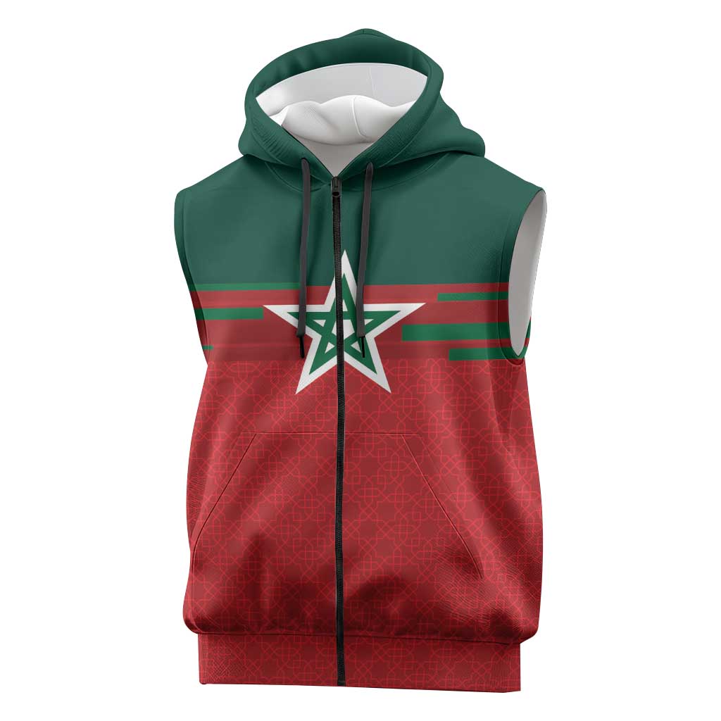 World Football 2026 Morocco Custom Sleeveless Zip Hoodie African Geometric Red Pattern - Wonder Print Shop