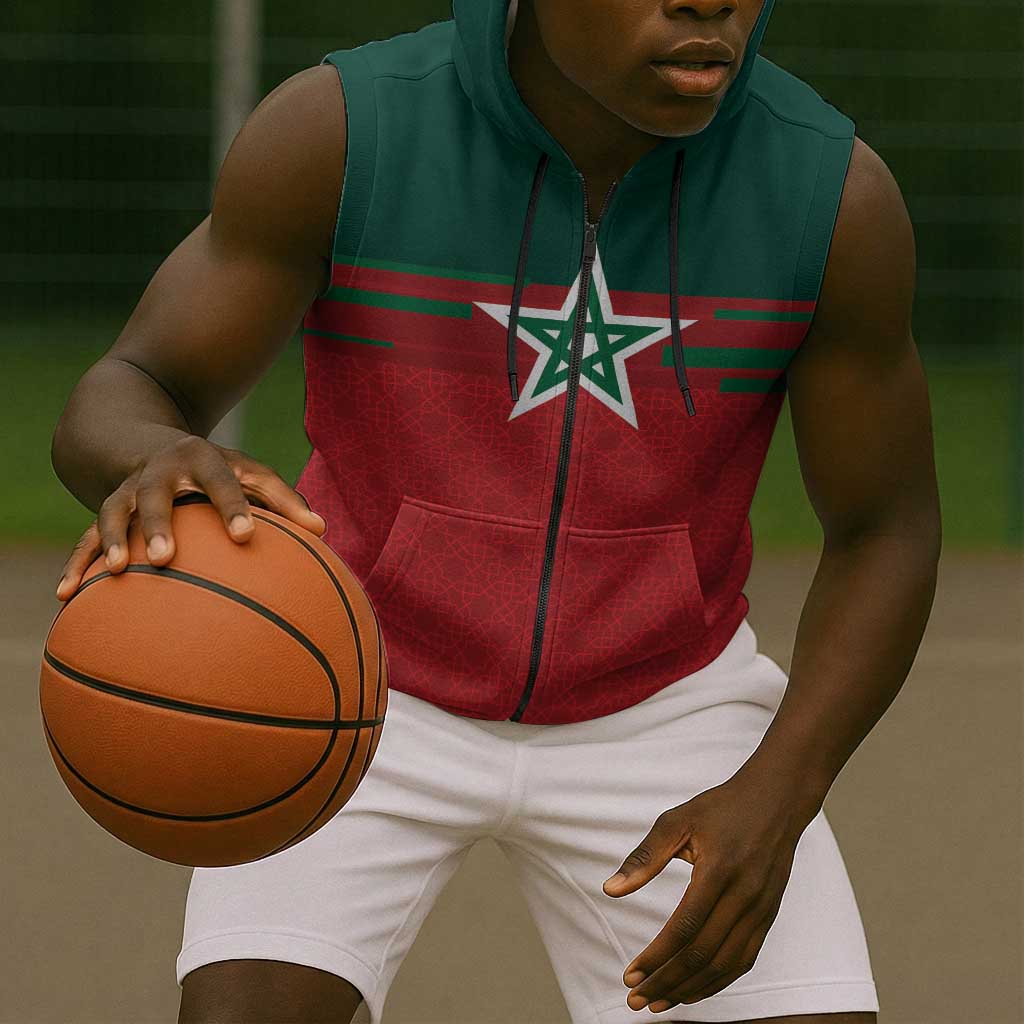 World Football 2026 Morocco Custom Sleeveless Zip Hoodie African Geometric Red Pattern - Wonder Print Shop