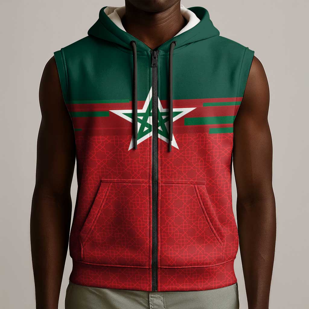 World Football 2026 Morocco Custom Sleeveless Zip Hoodie African Geometric Red Pattern - Wonder Print Shop