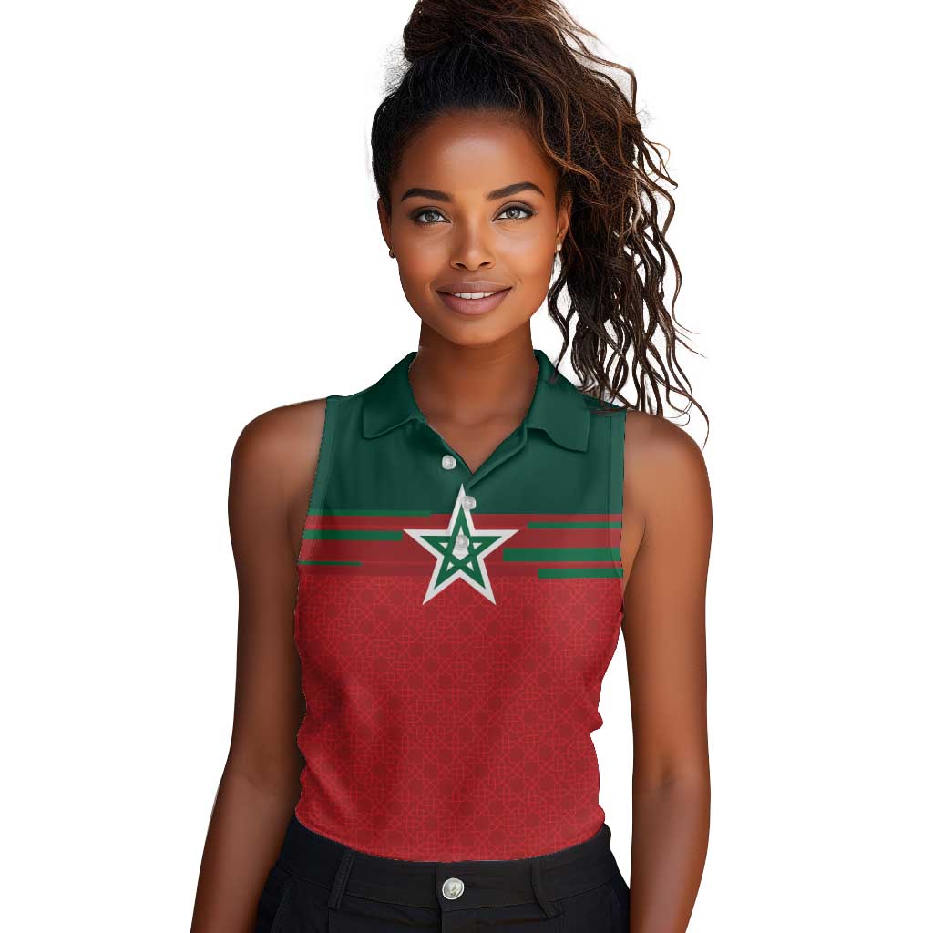 World Football 2026 Morocco Custom Women Sleeveless Polo Shirt African Geometric Red Pattern - Wonder Print Shop