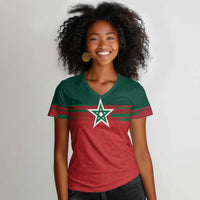 World Football 2026 Morocco Custom Women V-Neck T-Shirt African Geometric Red Pattern LT9