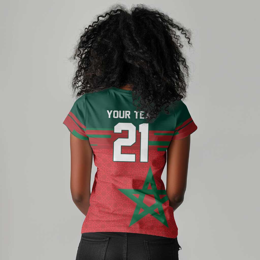 World Football 2026 Morocco Custom Women V-Neck T-Shirt African Geometric Red Pattern LT9