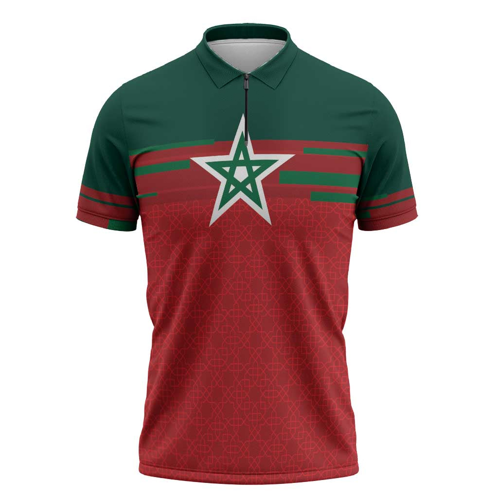 World Football 2026 Morocco Custom Zipper Polo Shirt African Geometric Red Pattern - Wonder Print Shop