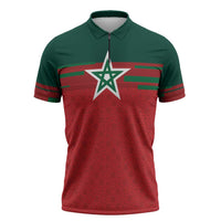 World Football 2026 Morocco Custom Zipper Polo Shirt African Geometric Red Pattern - Wonder Print Shop