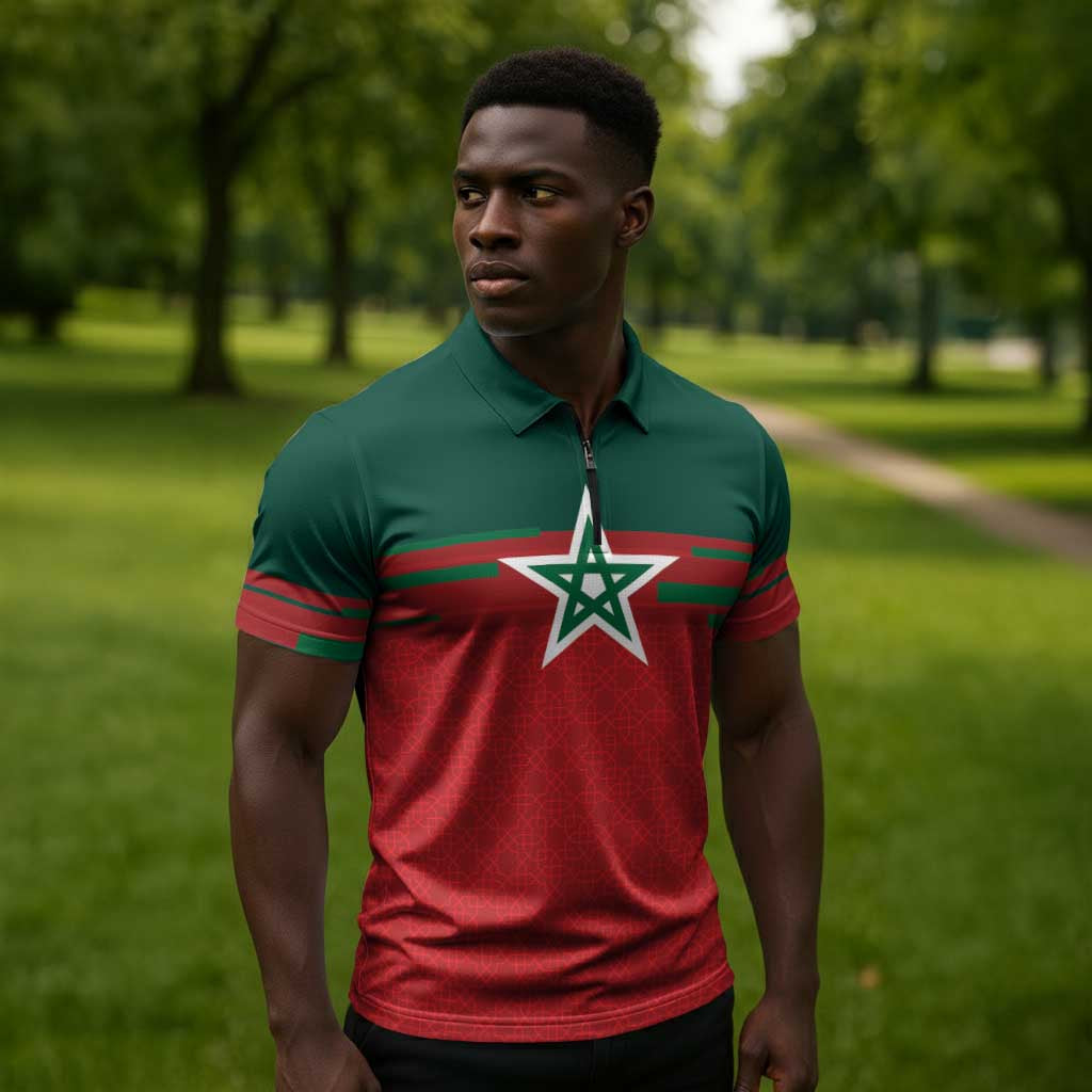 World Football 2026 Morocco Custom Zipper Polo Shirt African Geometric Red Pattern - Wonder Print Shop