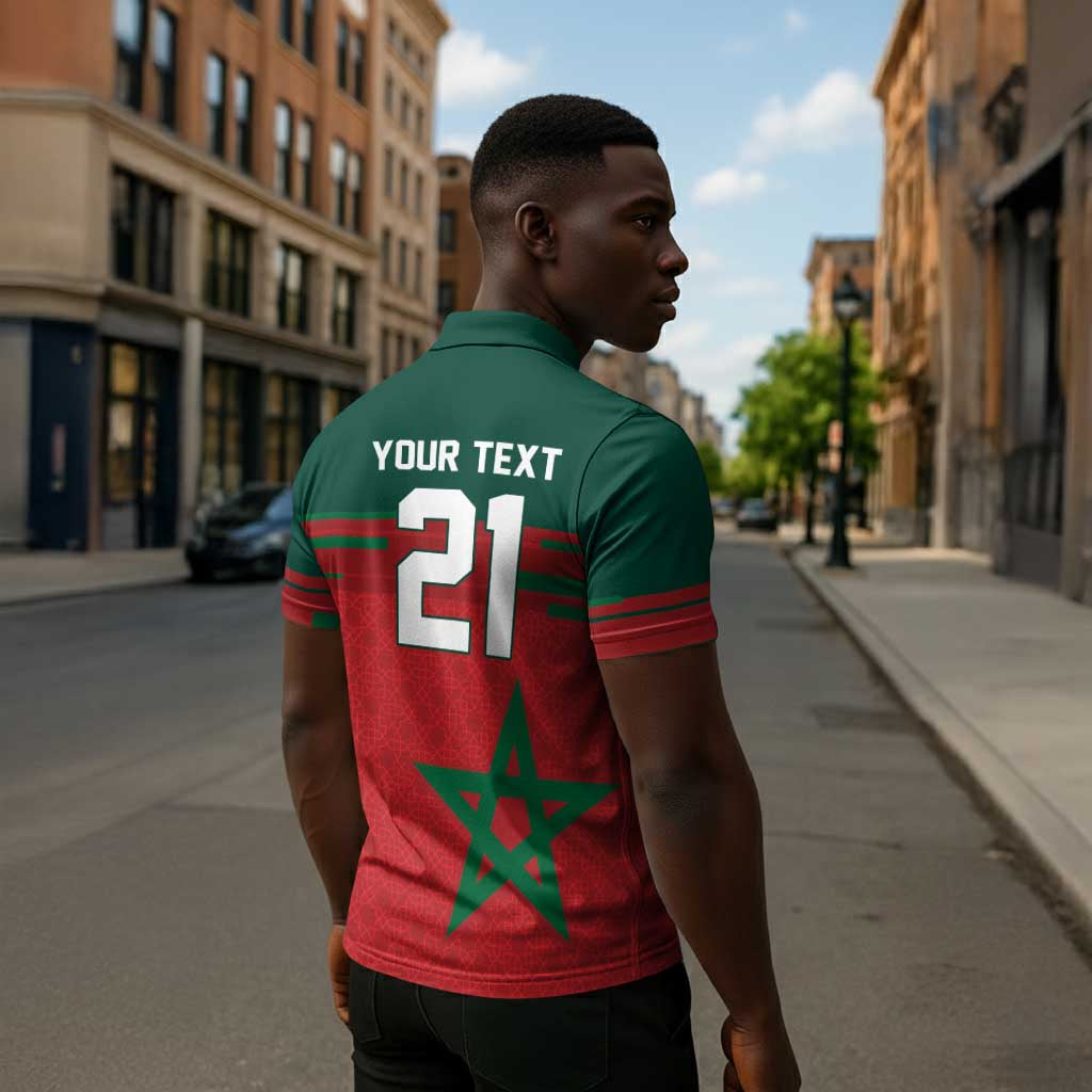 World Football 2026 Morocco Custom Zipper Polo Shirt African Geometric Red Pattern - Wonder Print Shop