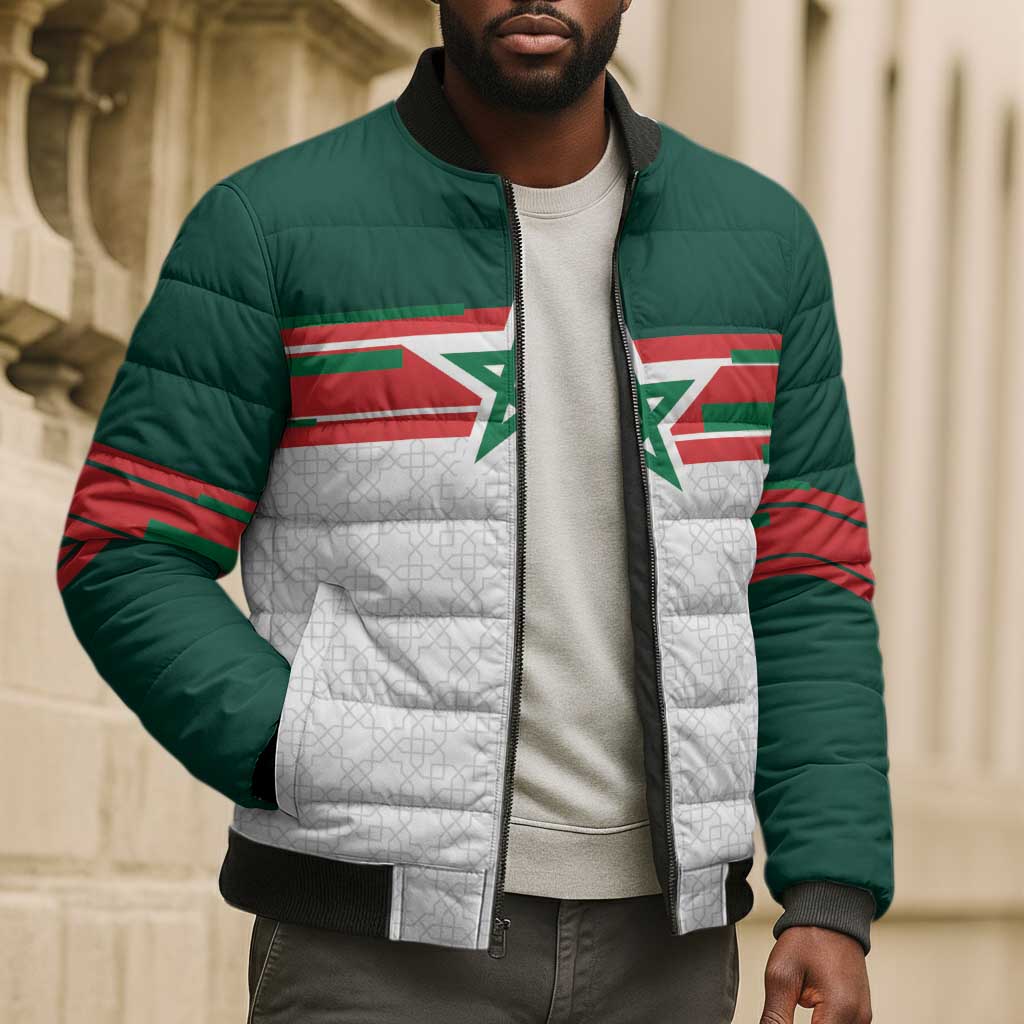 World Football 2026 Morocco Custom Bomber Puffer Jacket African Geometric White Pattern - Wonder Print Shop