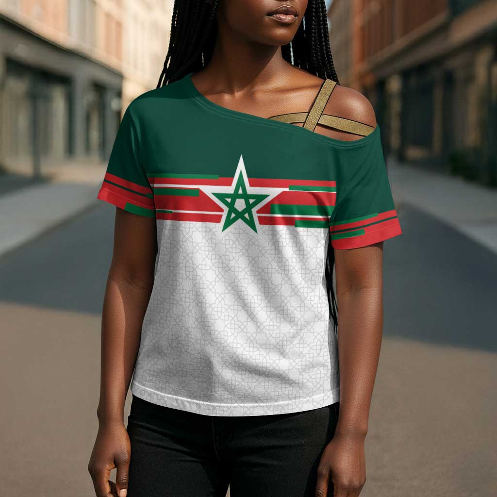 World Football 2026 Morocco Custom Cross Shoulder Shirt African Geometric White Pattern - Wonder Print Shop