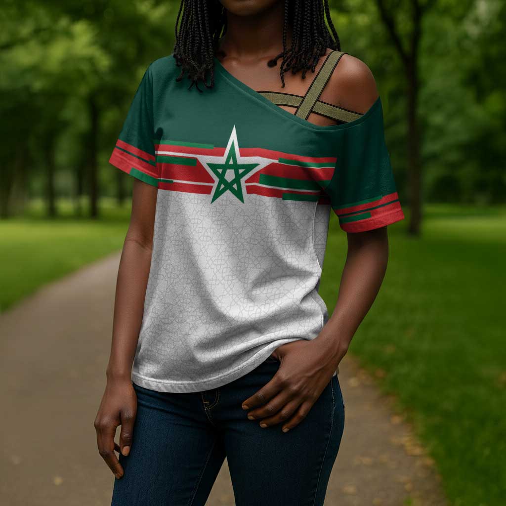 World Football 2026 Morocco Custom Cross Shoulder Shirt African Geometric White Pattern - Wonder Print Shop
