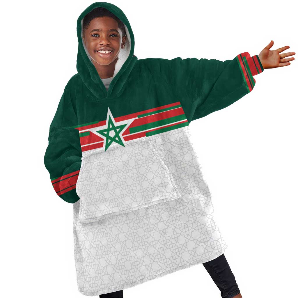 World Football 2026 Morocco Custom Kid Wearable Blanket Hoodie African Geometric White Pattern - Wonder Print Shop