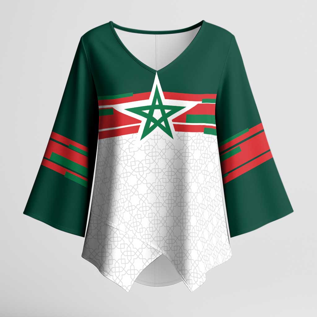 World Football 2026 Morocco Custom Kimono Sleeve Blouse African Geometric White Pattern - Wonder Print Shop