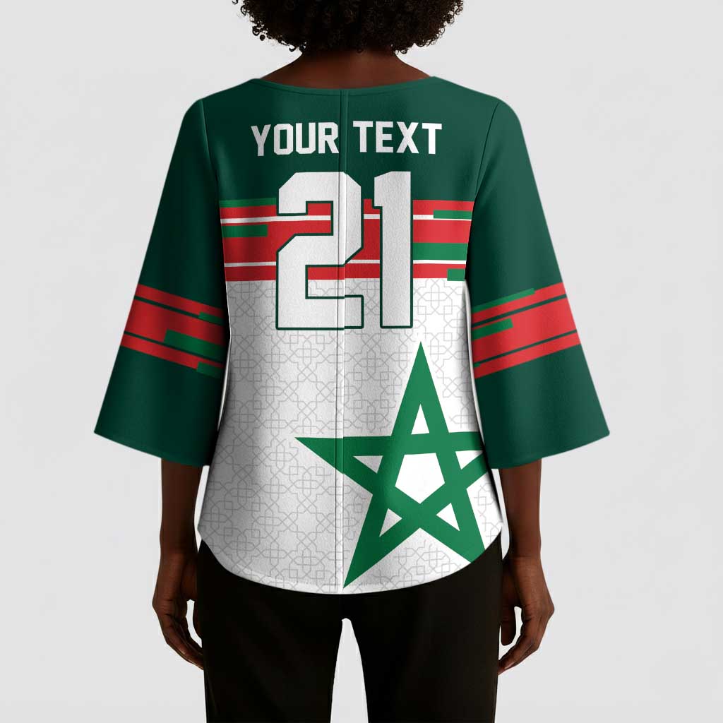 World Football 2026 Morocco Custom Kimono Sleeve Blouse African Geometric White Pattern - Wonder Print Shop