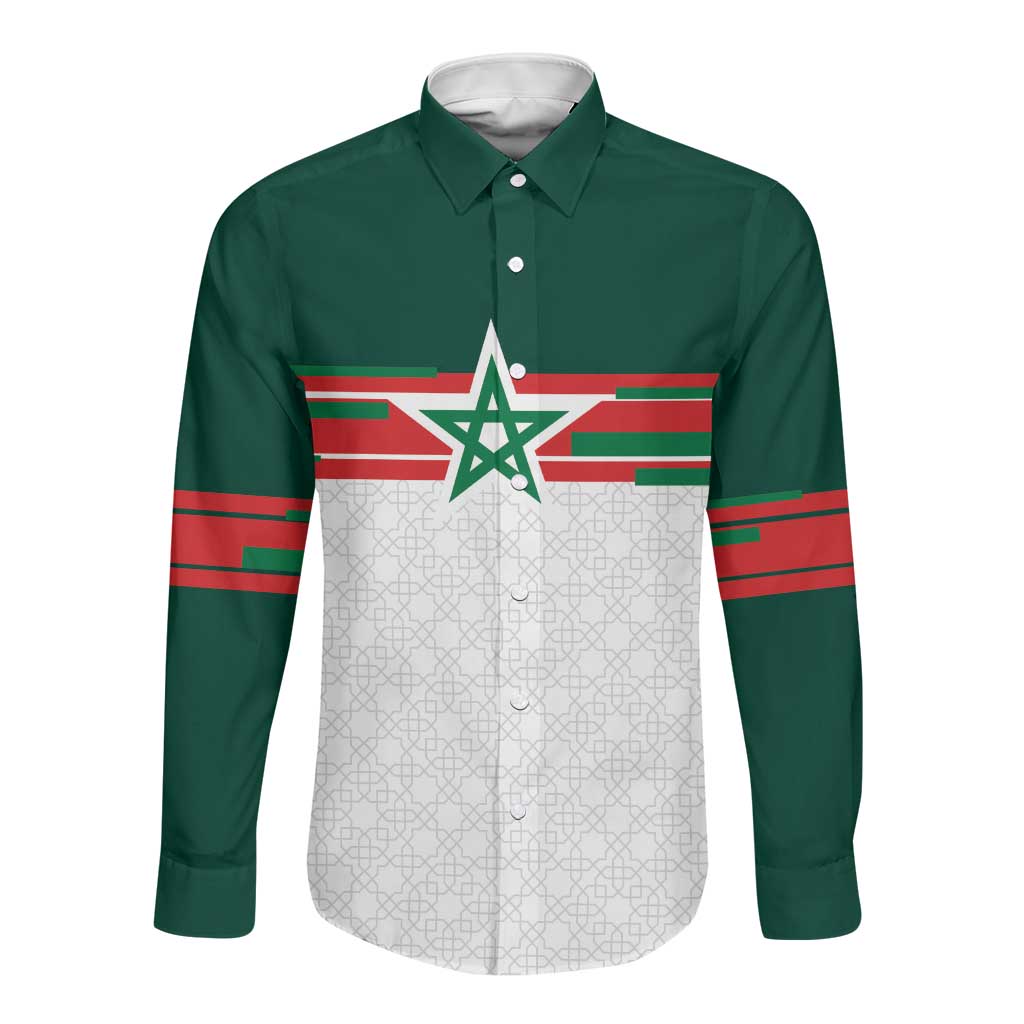 World Football 2026 Morocco Custom Long Sleeve Button Shirt African Geometric White Pattern - Wonder Print Shop