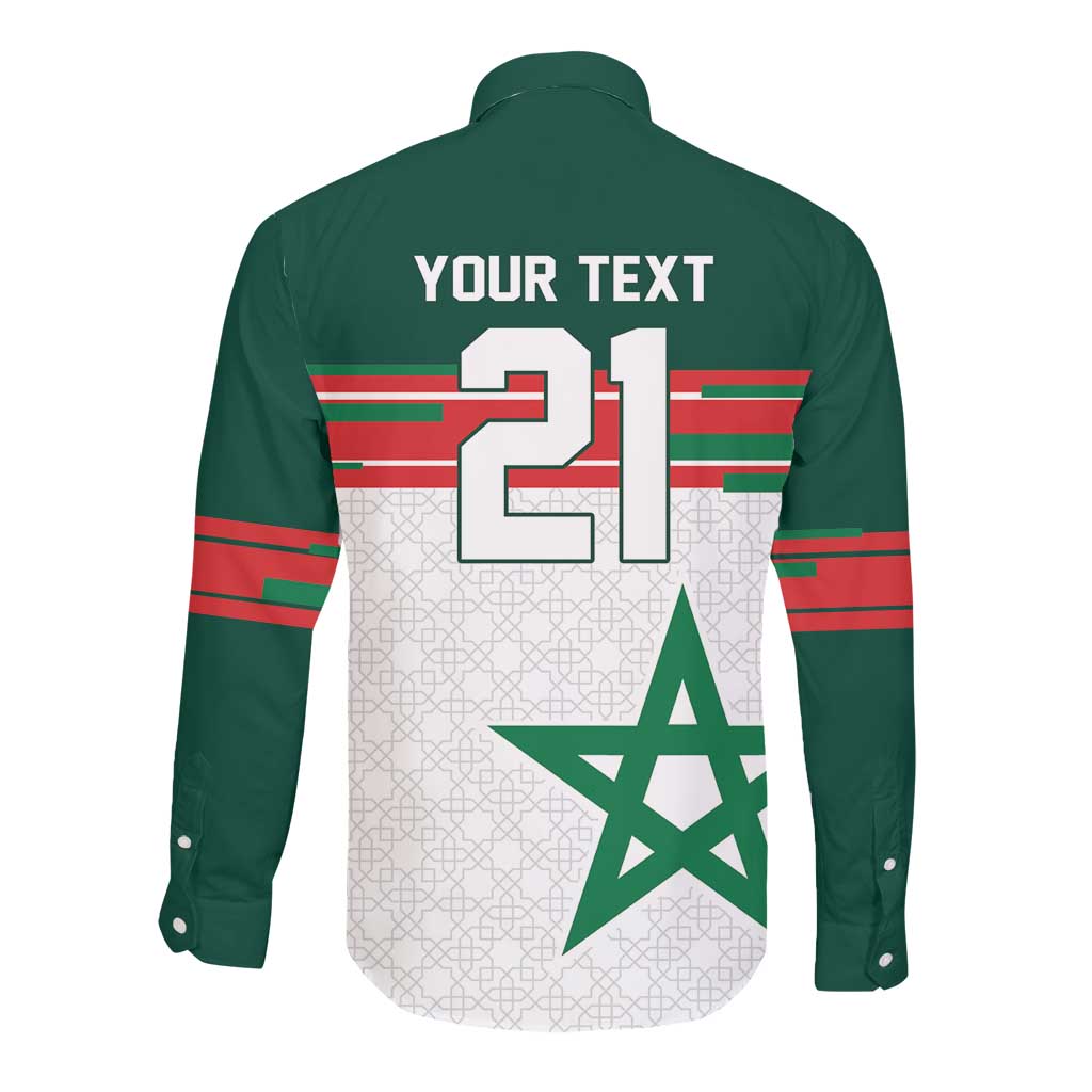 World Football 2026 Morocco Custom Long Sleeve Button Shirt African Geometric White Pattern - Wonder Print Shop