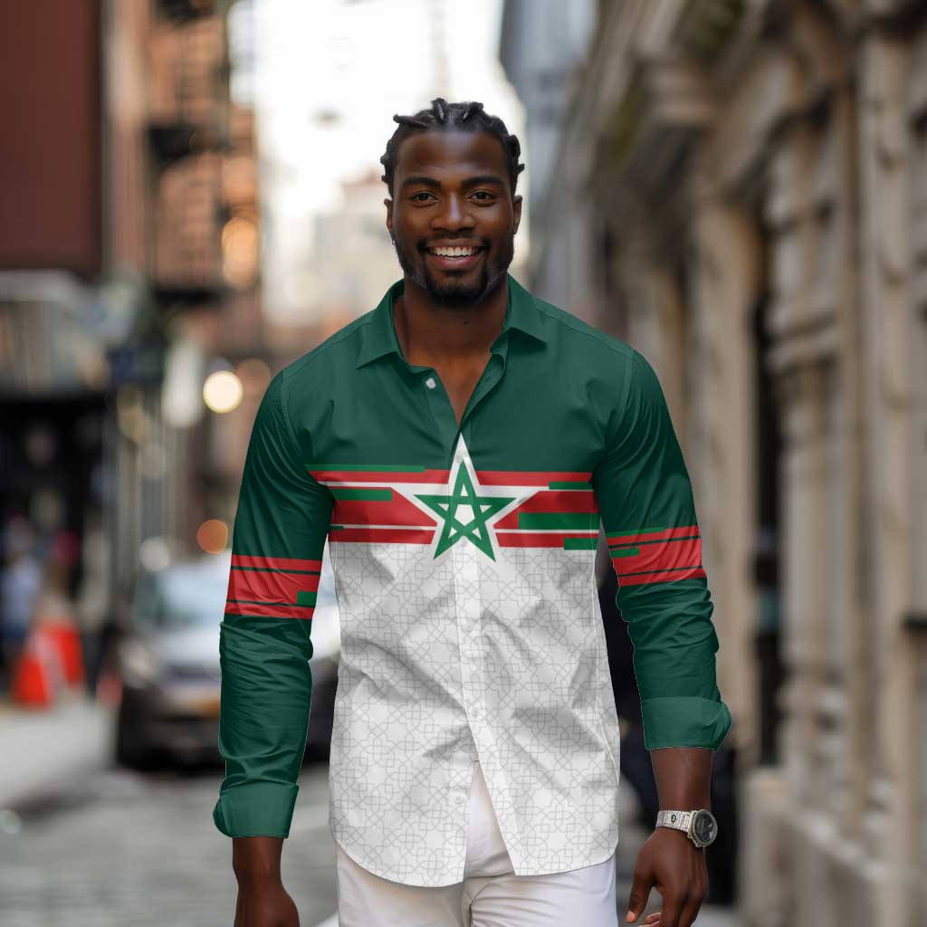 World Football 2026 Morocco Custom Long Sleeve Button Shirt African Geometric White Pattern - Wonder Print Shop