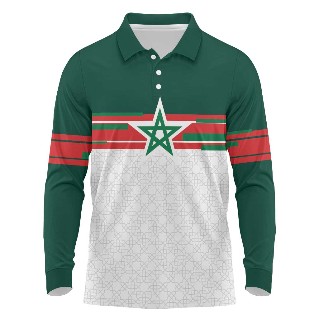 World Football 2026 Morocco Custom Long Sleeve Polo Shirt African Geometric White Pattern - Wonder Print Shop