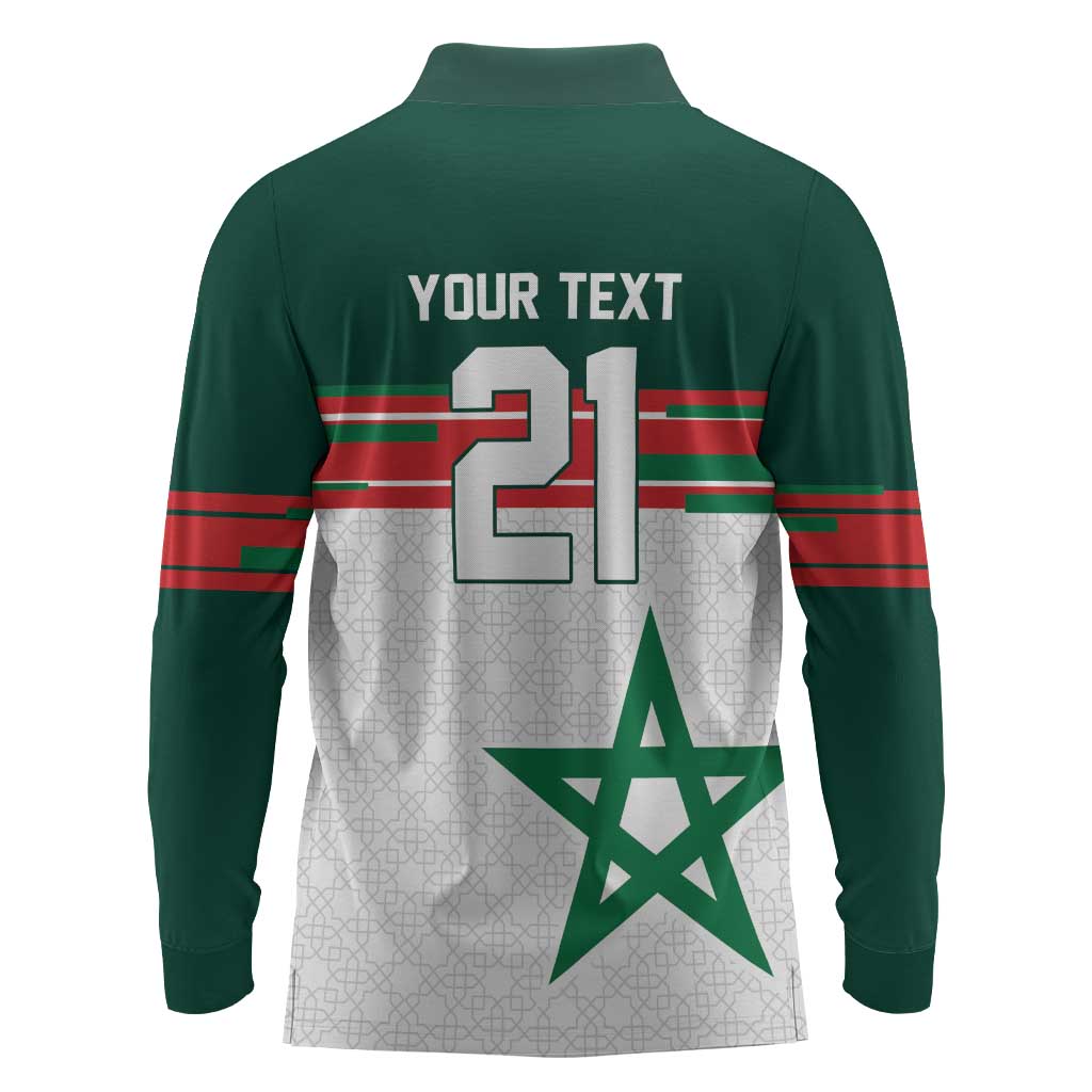 World Football 2026 Morocco Custom Long Sleeve Polo Shirt African Geometric White Pattern - Wonder Print Shop