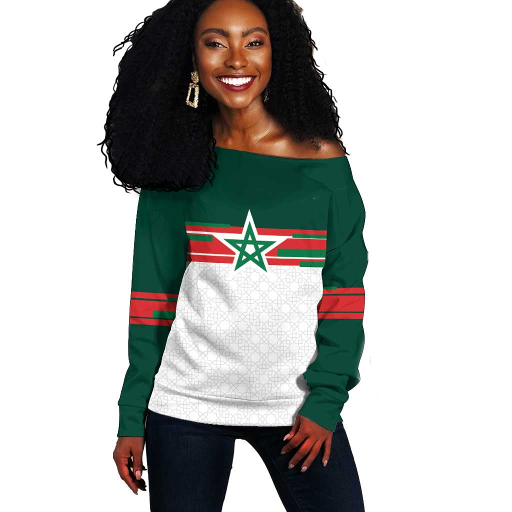 World Football 2026 Morocco Custom Off Shoulder Sweater African Geometric White Pattern - Wonder Print Shop