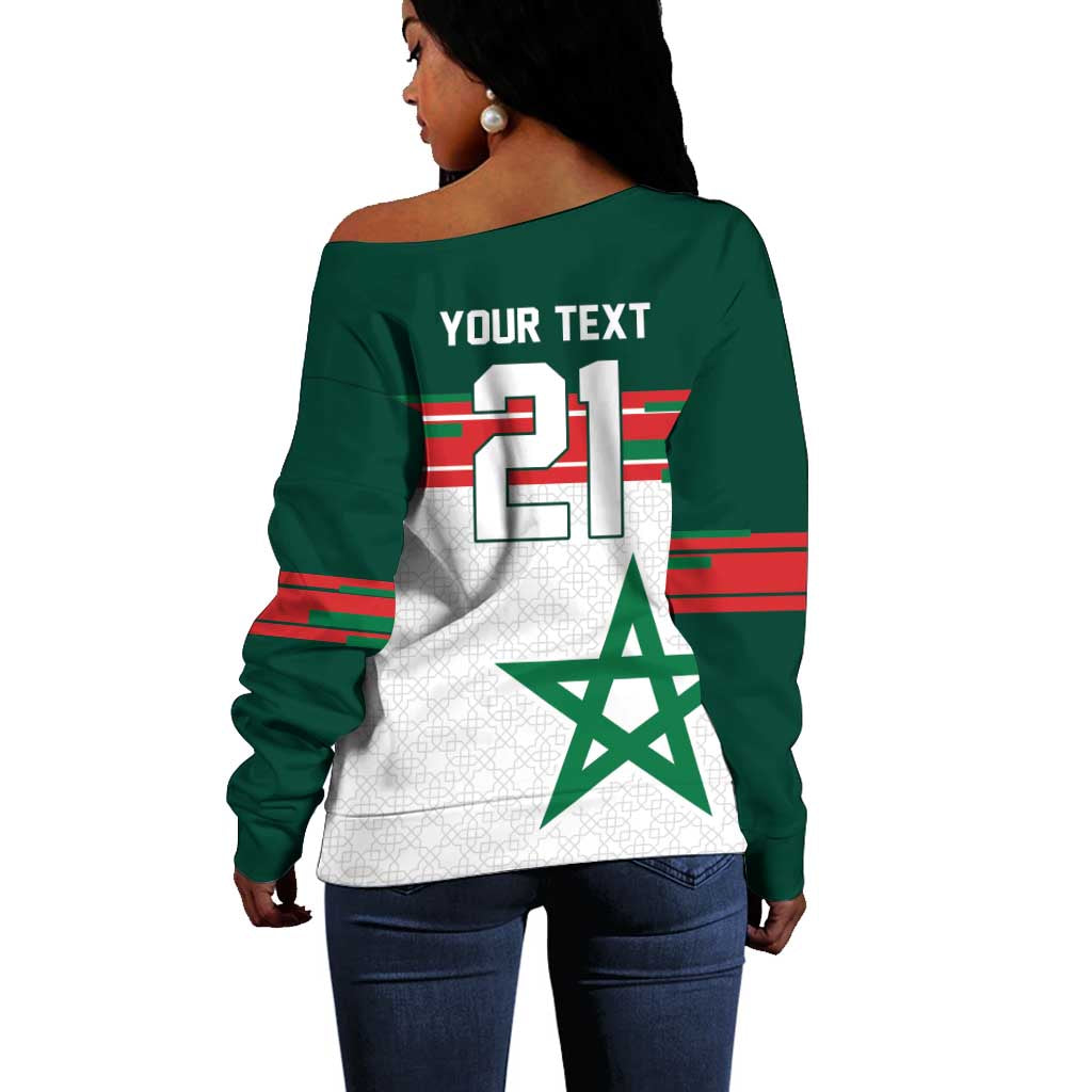 World Football 2026 Morocco Custom Off Shoulder Sweater African Geometric White Pattern - Wonder Print Shop