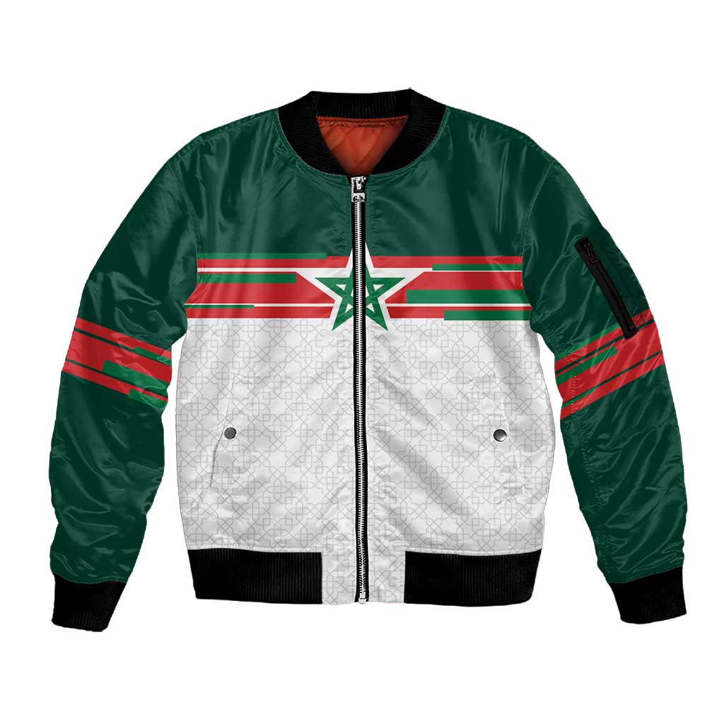 World Football 2026 Morocco Custom Sleeve Zip Bomber Jacket African Geometric White Pattern - Wonder Print Shop