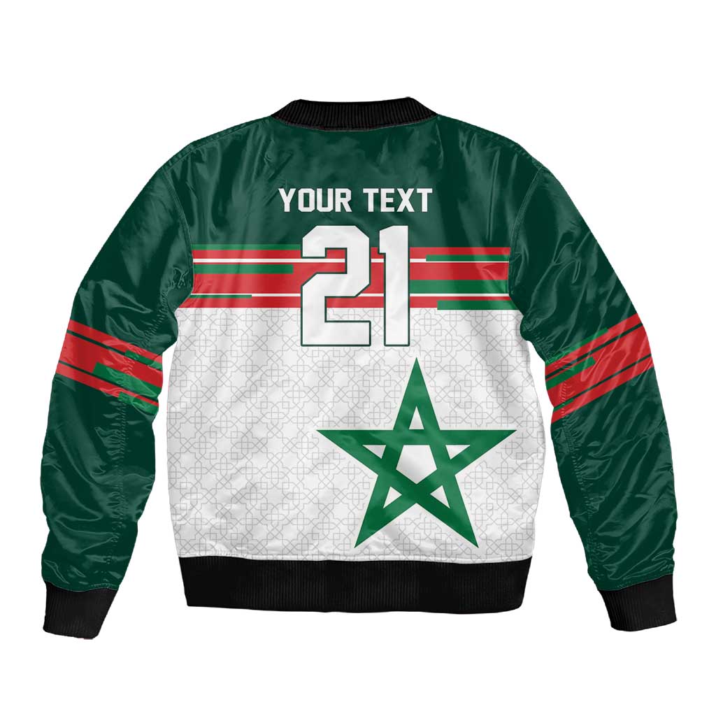 World Football 2026 Morocco Custom Sleeve Zip Bomber Jacket African Geometric White Pattern - Wonder Print Shop