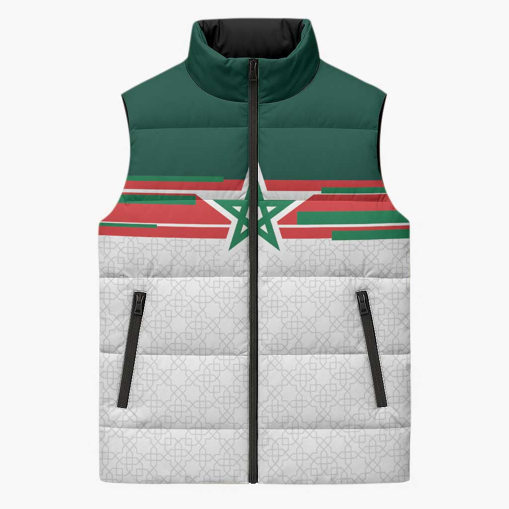 World Football 2026 Morocco Custom Sleeveless Puffer Jacket African Geometric White Pattern - Wonder Print Shop
