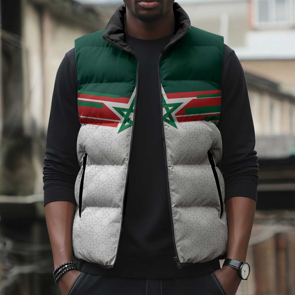 World Football 2026 Morocco Custom Sleeveless Puffer Jacket African Geometric White Pattern - Wonder Print Shop