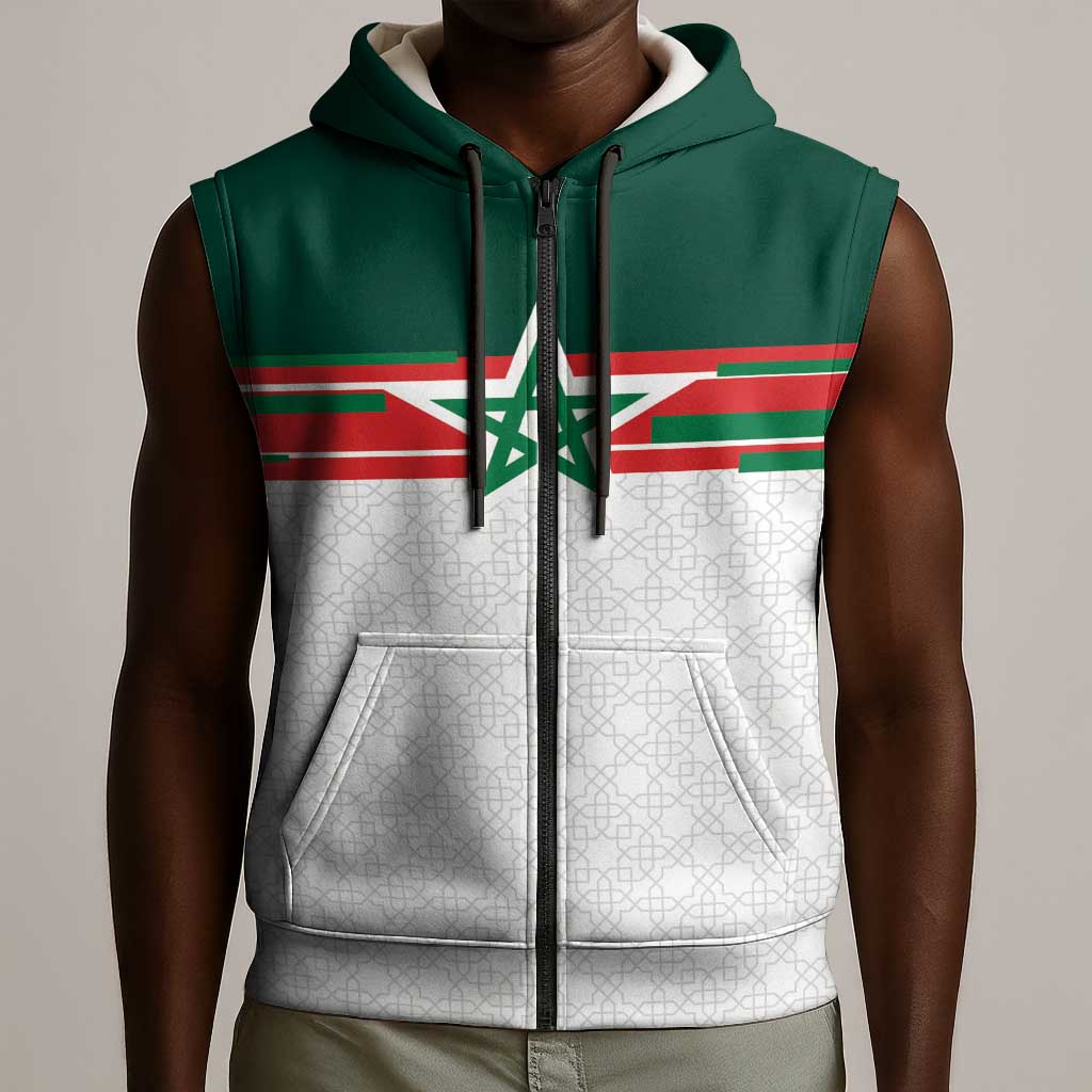 World Football 2026 Morocco Custom Sleeveless Zip Hoodie African Geometric White Pattern - Wonder Print Shop