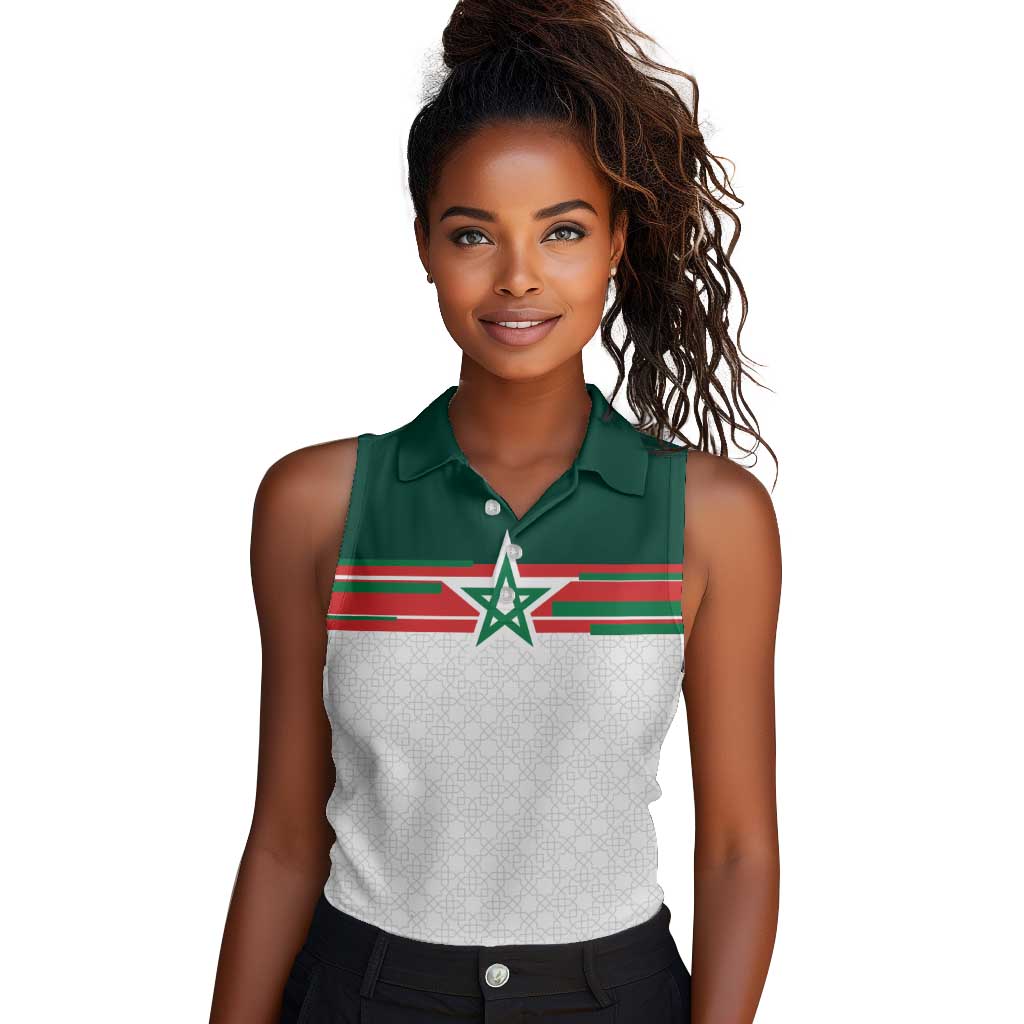World Football 2026 Morocco Custom Women Sleeveless Polo Shirt African Geometric White Pattern - Wonder Print Shop