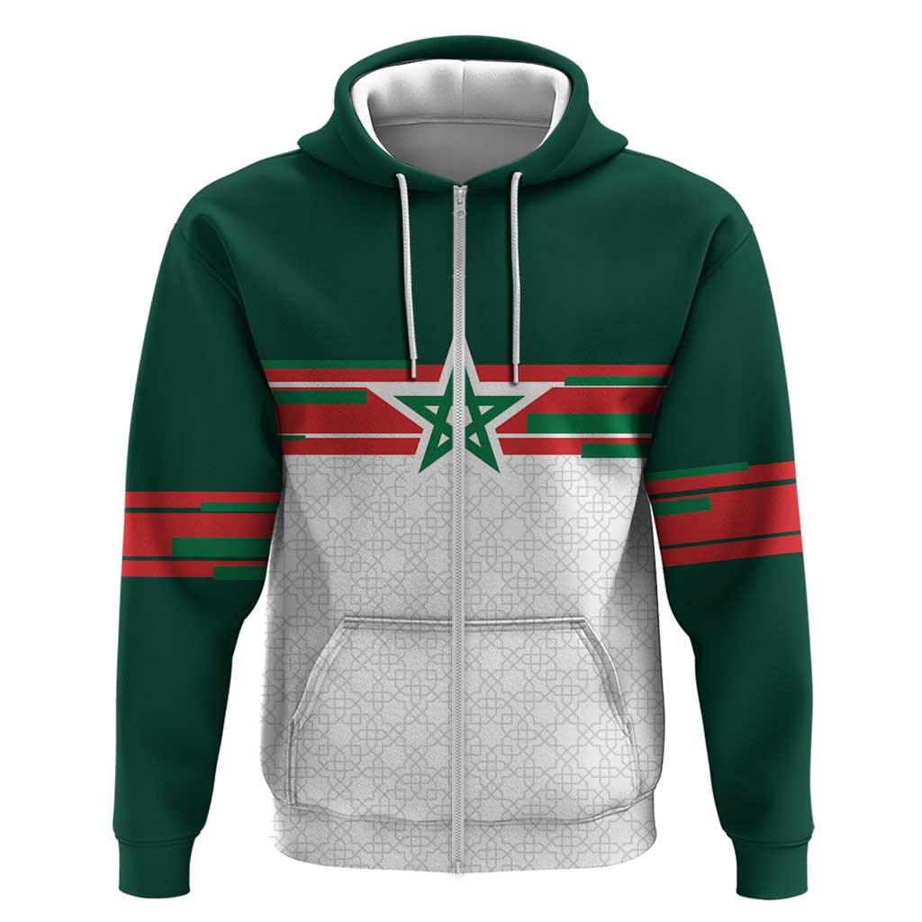 World Football 2026 Morocco Custom Zip Hoodie African Geometric White Pattern - Wonder Print Shop
