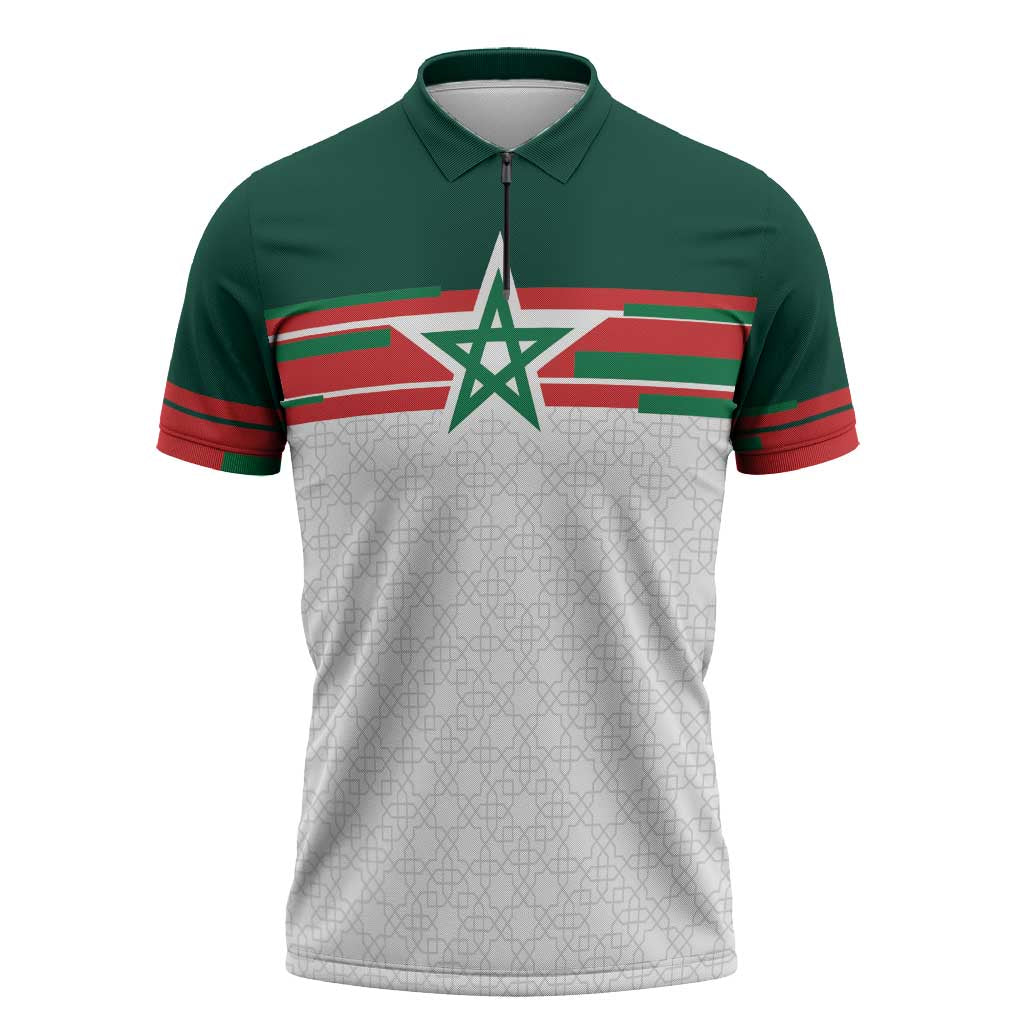 World Football 2026 Morocco Custom Zipper Polo Shirt African Geometric White Pattern - Wonder Print Shop