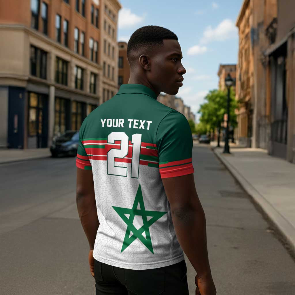 World Football 2026 Morocco Custom Zipper Polo Shirt African Geometric White Pattern - Wonder Print Shop