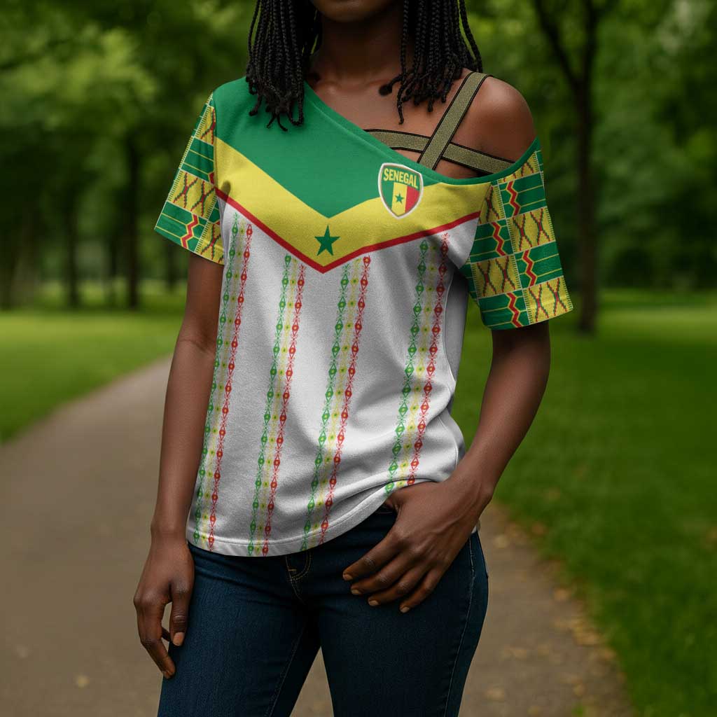 World Football 2026 Senegal Custom Cross Shoulder Shirt African Kente White Pattern - Wonder Print Shop