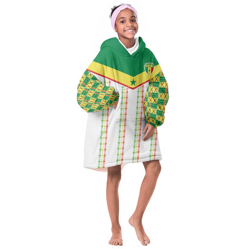 World Football 2026 Senegal Custom Kid Wearable Blanket Hoodie African Kente White Pattern - Wonder Print Shop