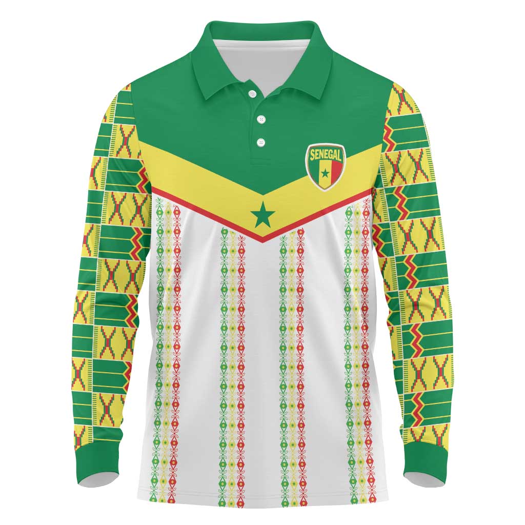 World Football 2026 Senegal Custom Long Sleeve Polo Shirt African Kente White Pattern - Wonder Print Shop