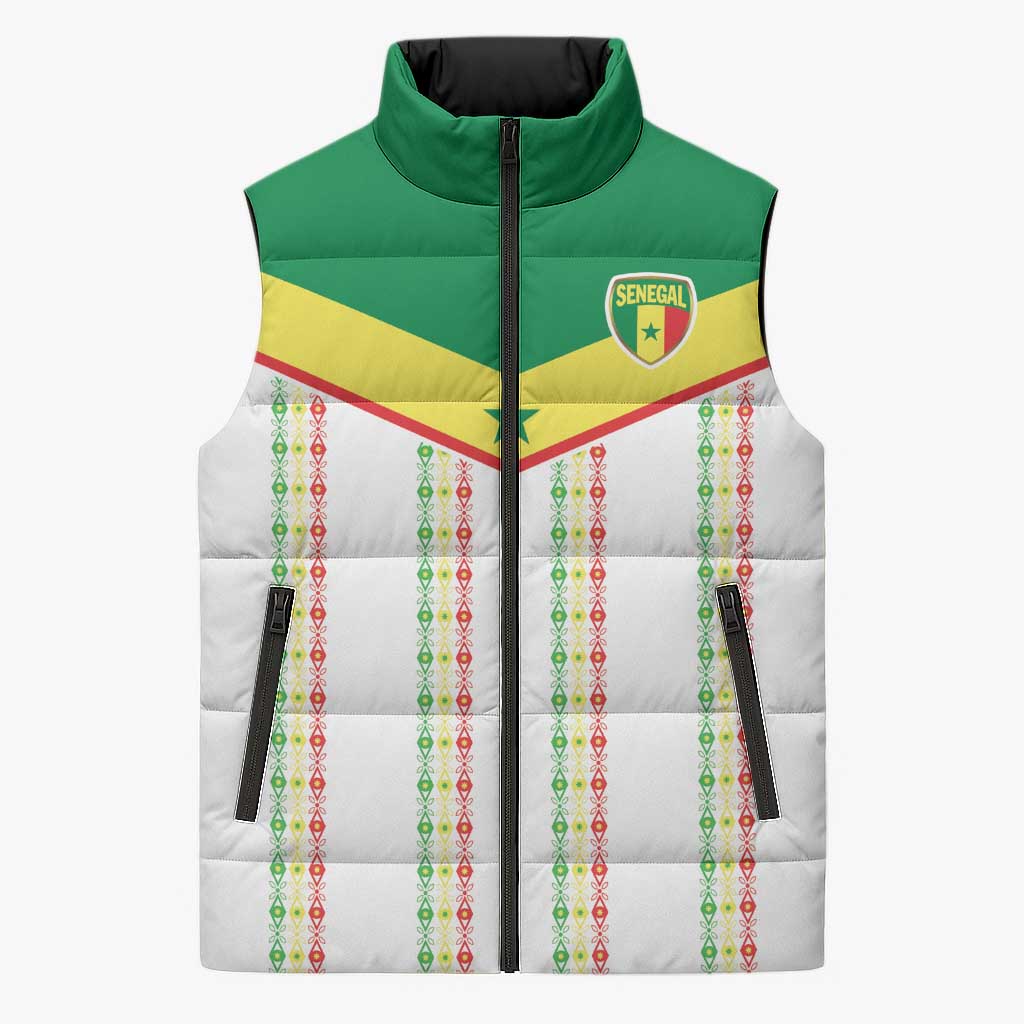 World Football 2026 Senegal Custom Sleeveless Puffer Jacket African Kente White Pattern - Wonder Print Shop